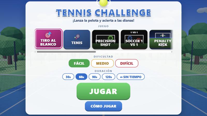 Menú de juegos con selector de juego, dificultad y duración